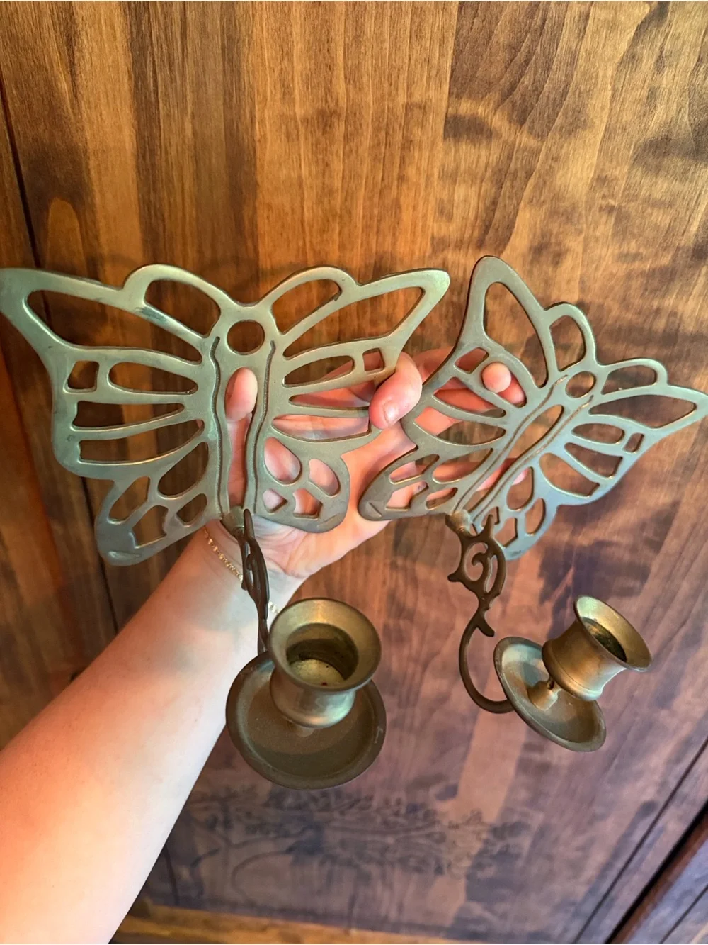 Vintage Brass Butterfly Wall Sconce Candle Holder Pair